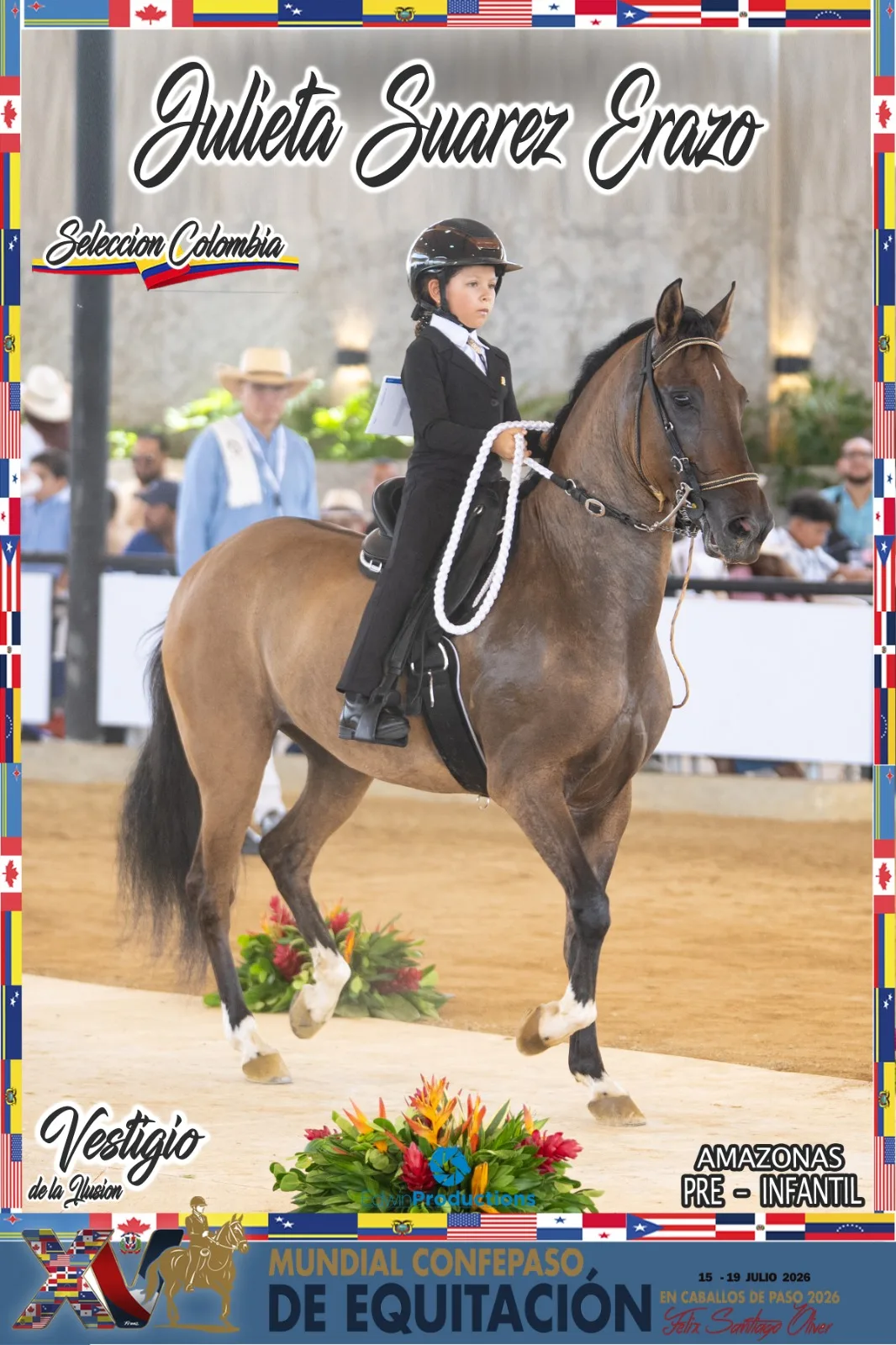 Julieta Suarez Erazo con Vestigio de la Ilusión, representando a la Selección Colombia en el XV Mundial CONFEPASO de Equitación en Caballos de Paso, República Dominicana 2026, categoría Amazonas Pre-Infantil